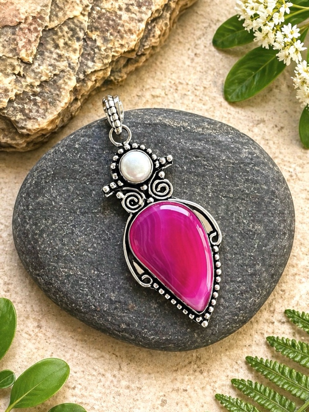 Botswana Pink Agate & Natural Pearl 2.5” Gemstone Sterling Silver Pendant